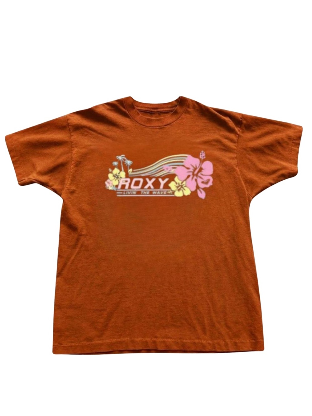 Gildan Roxy Rust Orange Tee with Pink & Yellow Floral Graphic